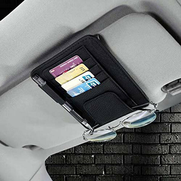 Sun Visor Organizer Sunglasses Holder Card Storage PU Leather Pouch Car Black