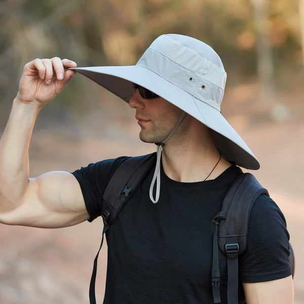 Hiking Sun Hat Unisex Wide Brim Fishing With Chin Strap Breathable Sun Protect