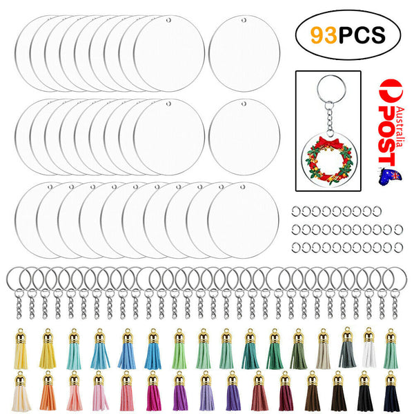 93pcs Clear Acrylic Circle Discs Keychain Blanks Tassel Pendant Key Ring DIY Set