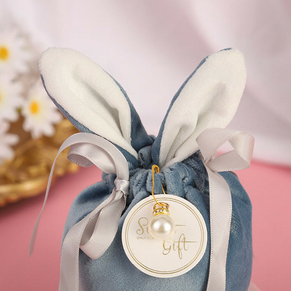 1-10pc Easter Rabbit Bunny Ears Velvet Candy Bag Bowknot Jewelry Pouch Gift Bags