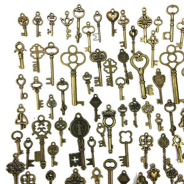 125Pcs Bronze Keys Vintage Royal Antique Old Look Skeleton Heart Bow DIY Pendant