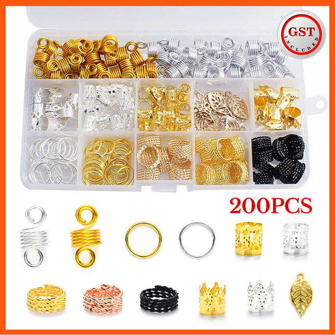 200x Dreadlock Hair Braid Cuff Clips Bead Ring Wrap Adjustable Jewellery Set