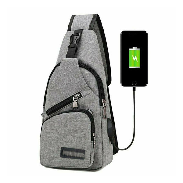 Mens Sling Chest Pack Shoulder Bag USB Charging Port Sports Crossbody Handbag