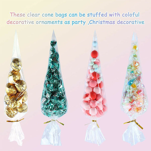 100X Clear cellophane cello cone sweet bags large candy kid party favour gift