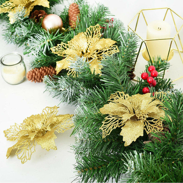 10 X Christmas Poinsettia Glitter Flower Tree Hanging Xmas Party Tree Decoration