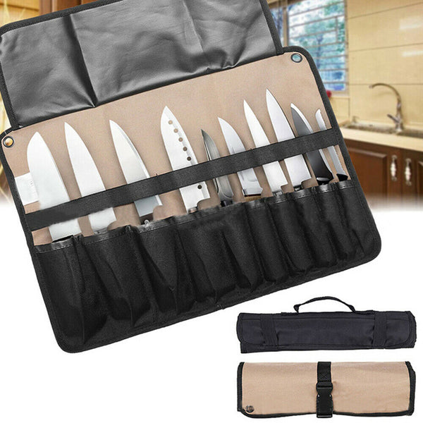 10 Pockets Chef Roll Knife bag with Handles Carry Portable Storage Case Kitchen