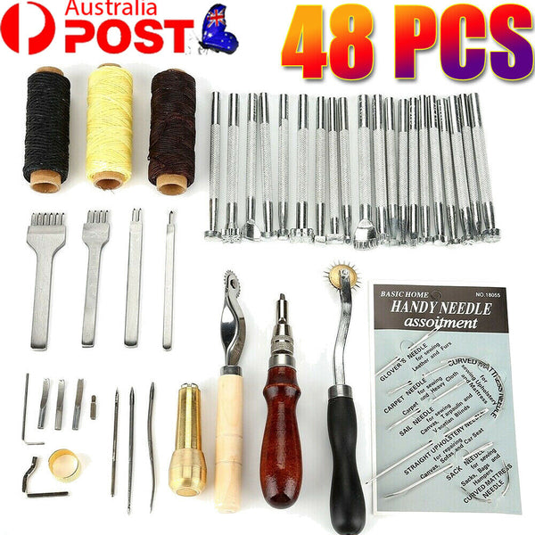 48PCS Leather Craft Hand Tools Kit Stitching Sewing Stamping Punch Carve Work AU