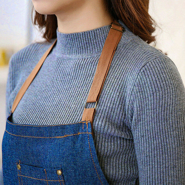 Denim Adjustable Pocket Bib Baking Cooking Oil Resistant Kitchen Bar Chefs Apron