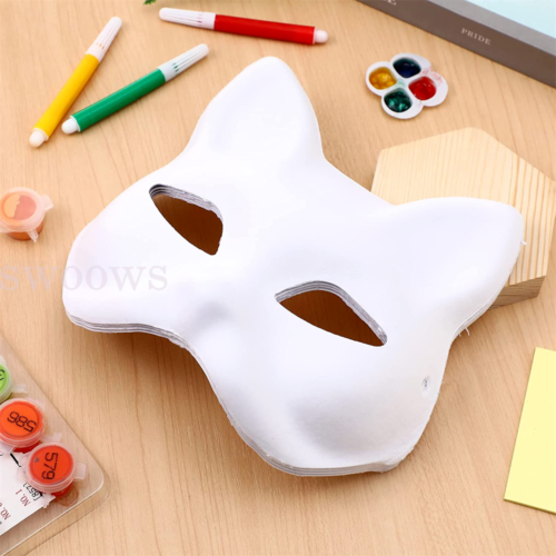 5 Pcs White Face Paper Masks Cat for DIY Painting Blank Masks Cat Half Pa