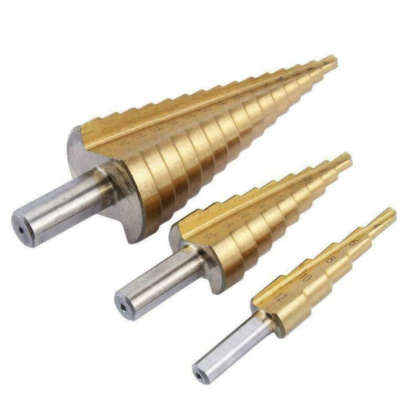 3pcs HSS Step Cone Drill Titanium Steel Metal Hole Cutter Bit Set 4-12/20/32mm