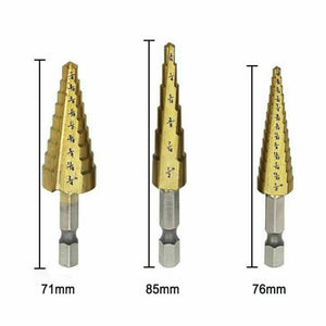 3pcs HSS Step Cone Drill Titanium Steel Metal Hole Cutter Bit Set 4-12/20/32mm