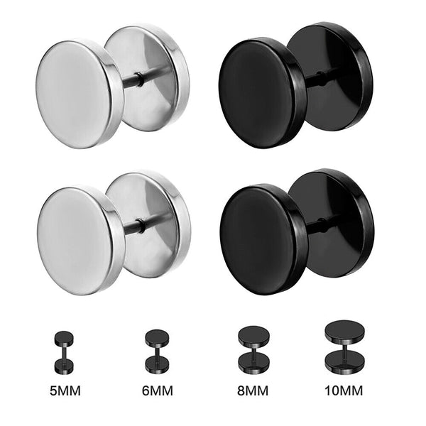 Pair Flat Round Barbell Plug Stud Earrings Mens Stainless Steel Gym Black 3-14mm