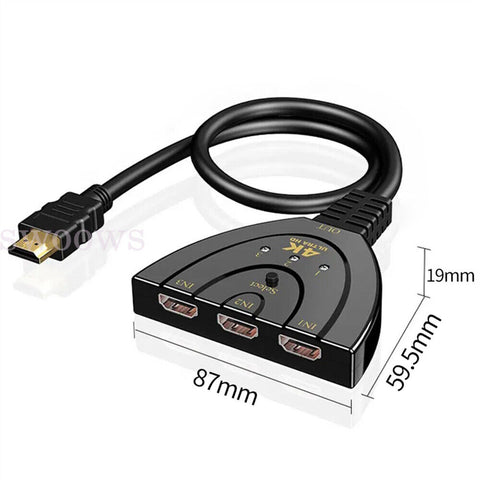 4K Ultra HD 3 Way HDMI Switch Splitter HDTV Auto 3 Port IN 1 OUT with Cable