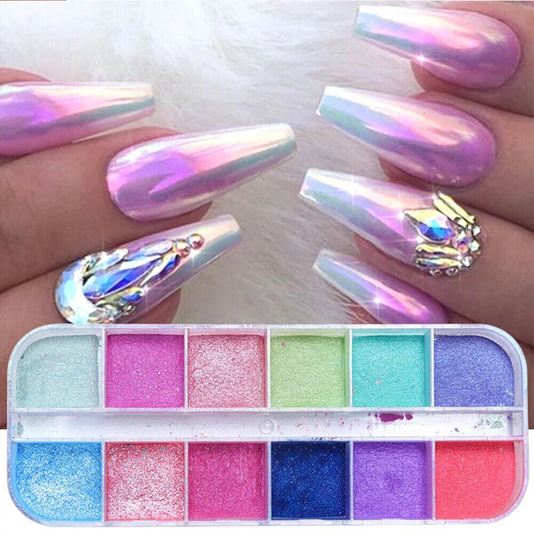 Aurora Mermaid Unicorn Pearl Shimmer Mirror AB Chrome Effect Nail Powder 12 Grid