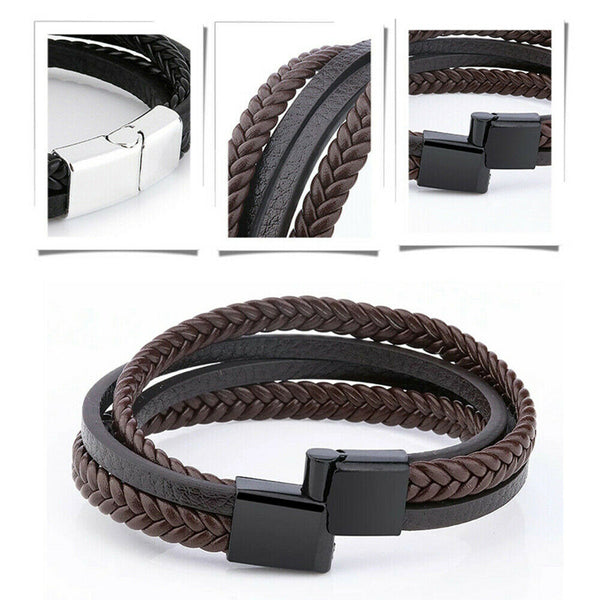 Mens Genuine Leather Bracelet Wristband Stainless Steel Braided Punk Cuff Wrap