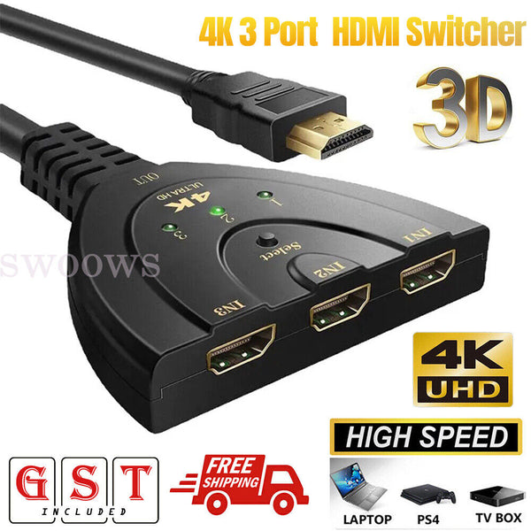 4K Ultra HD 3 Way HDMI Switch Splitter HDTV Auto 3 Port IN 1 OUT with Cable