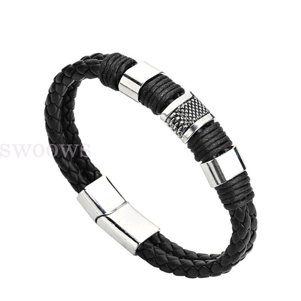 Men's Stainless Steel Magnetic Buckle Bracelet Bangle Cuff Leather Braided