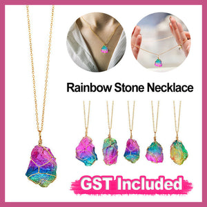 Rainbow Stone Natural Crystal Quartz Chakra Rock Healing Gold Pendant Necklace