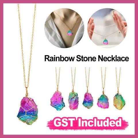 Rainbow Stone Natural Crystal Quartz Chakra Rock Healing Gold Pendant Necklace