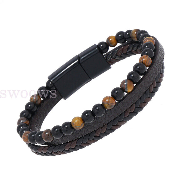 Mens Leather Braided Surfer Wristband Bracelet Tiger Eyes Beaded Bangle Gifts