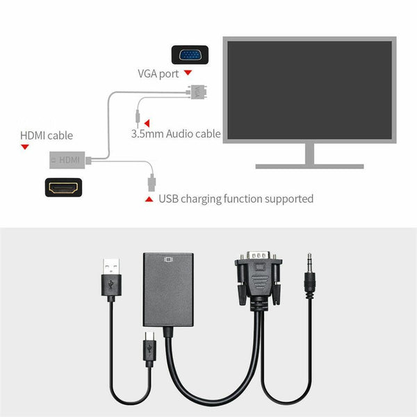 2x VGA Male to HDMI Female Converter Adapter 1080P Stereo Audio Output New