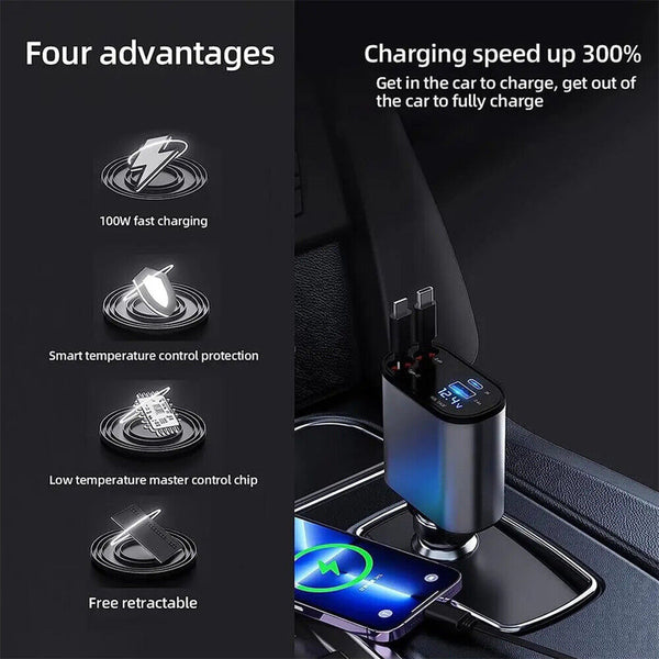 USB Car Charger 4 in 1 Car Charger Adapter Fast Charging with Dual Retractable C