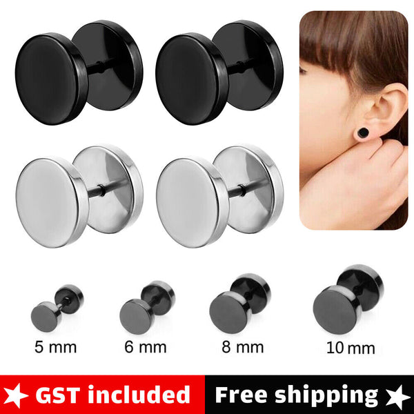 Pair Flat Round Barbell Plug Stud Earrings Mens Stainless Steel Gym Black 3-14mm