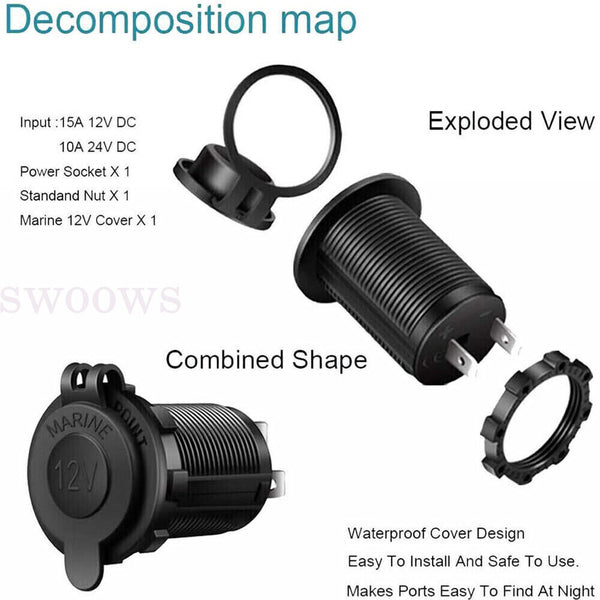 2X Waterproof 12V Car Cigarette Lighter Socket USB Charger Power Adapter Outlet