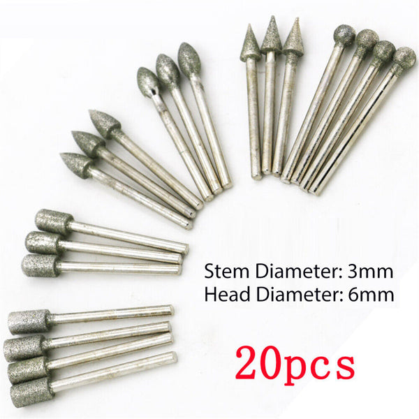 20pcs 6mm Head Diamond Burr Grinding For Dremel Rotary Drill Bit 3mm Shank Tool