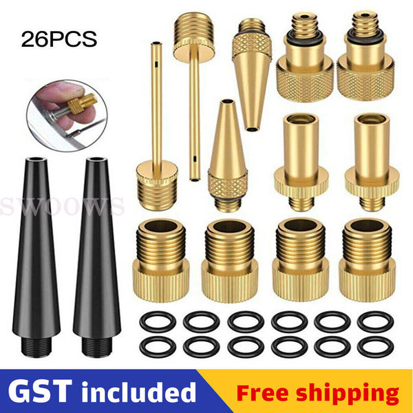 26pc Bike Ball Inflator Nozzle Adapter Air Pump Valve Needle Presta Schrader Kit