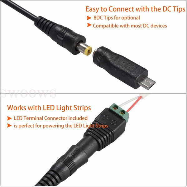 11-20Tips USB to 5.5 mm/2.1 mm 5 Volt DC Barrel Jack Plug Charging 1M Power Cord