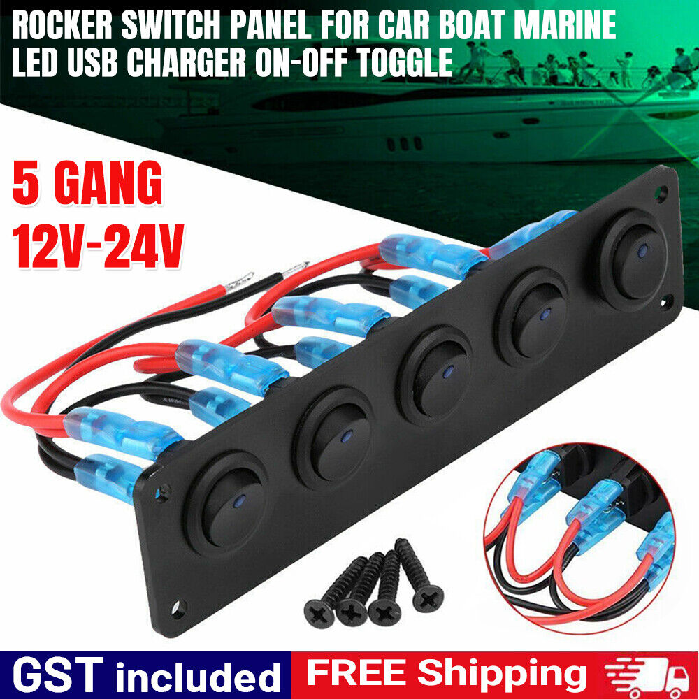 5 Gang 12V Rocker Switch Panel For Car Boat Marine LED USB Charger ON-OFF Toggle