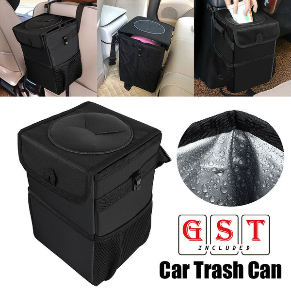 Waterproof Car Trash Can with Lid Bin Waste Basket Storage Garbage Bag Organizer