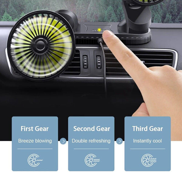 USB Powered Car Fan Dual Head 3-Speed Dashboard Rotation Cooling Fan Air Cooler