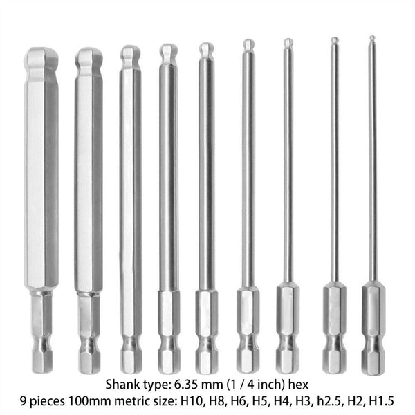 9pcs 1/4 inch Hex Shank Ball End Allen Wrench Drill Bits Set 100mm Metric Long