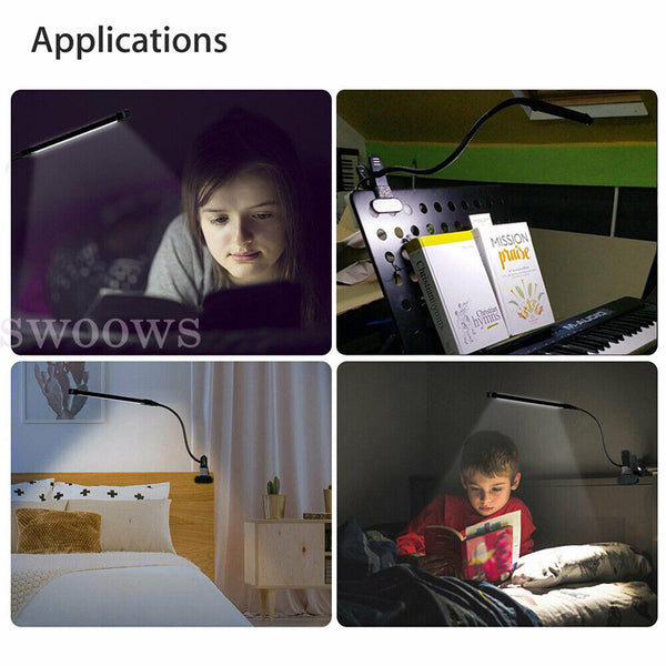 LED Table Bedside Desk Lamp with Clamp Eye-Care Study Reading Light Dimmable USB