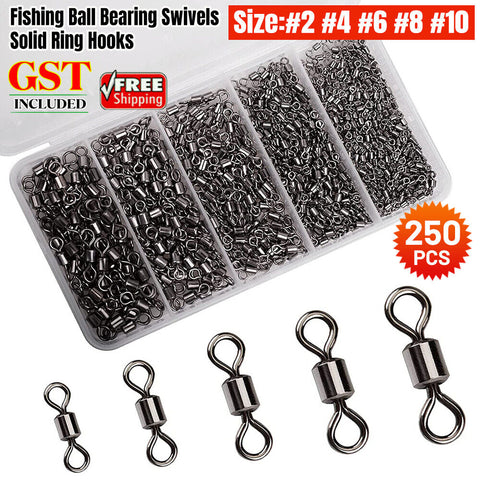 250PCS/Box Fishing Ball Bearing Swivels Solid Ring Hooks Connectors Tackle Tools