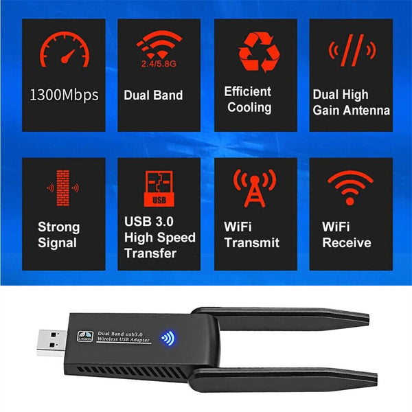 AC1300 USB 3.0 WiFi Wireless Adapter Dongle 802.11ac 5GHz Dual Band 11AC