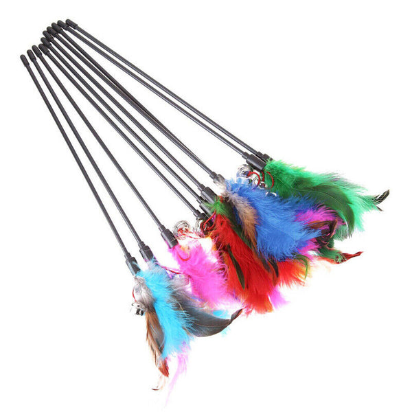 5X Cat Toy Play Feather Teaser Wand Interactive Stick Kitten Pet Fun Wire Bell