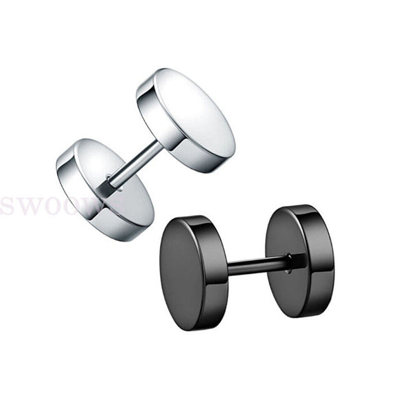 Pair Black Flat Round Barbell Plug Stud Earrings Gym Mens Stainless Steel 5-10mm