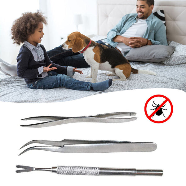 3pcs Pet Cat Dog Tick Remover Tool Stainless Steel Fleas Tweezers Clip Kit Set