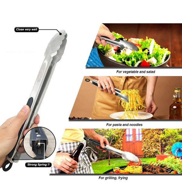 2pcs Heavy Duty Stainless Steel Tongs 27/34cm Kitchen Clip Food Holder Non-Slip