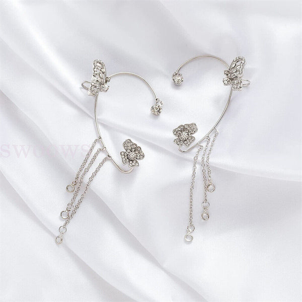 Zircon Butterfly Tassel Ear Cuff Clip Non Piercing Ear Clip Wrap Ladies Earrings