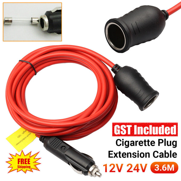 3.6m 12V Cigarette Plug Extension Cable Car Lighter Sockets Lead Wiring Adapter