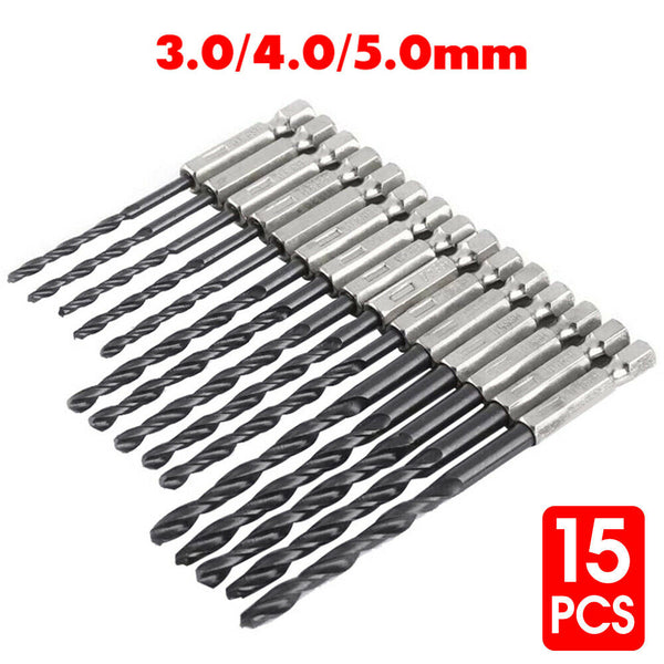 15pcs HSS Nitride Twist Drill Bits Set Quick Change 1/4" Hex Shank 3mm 4mm 5mm