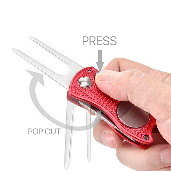 Foldable Metal Golf Divot Repair Tool with Pop-up Button & Magnetic Ball Marker