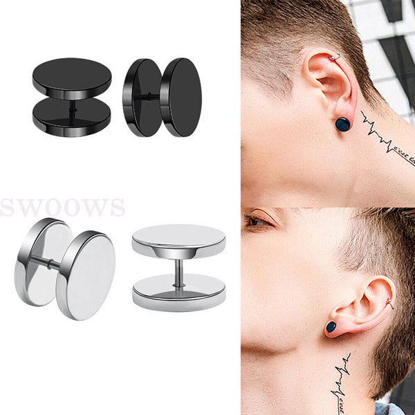 Pair Black Flat Round Barbell Plug Stud Earrings Gym Mens Stainless Steel 5-10mm