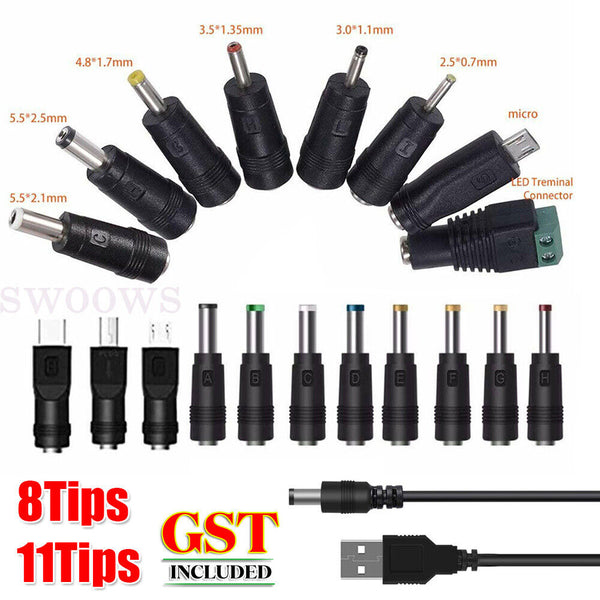 11-20Tips USB to 5.5 mm/2.1 mm 5 Volt DC Barrel Jack Plug Charging 1M Power Cord