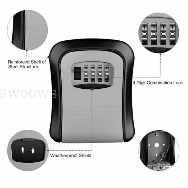 Safe Lock Key 4 Digit Combination Storage Box Padlock Security Wall Mounted Home