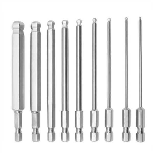 9pcs 1/4 inch Hex Shank Ball End Allen Wrench Drill Bits Set 100mm Metric Long